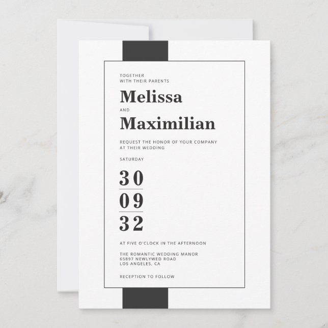 Invitation Mariage moderne et moderne en noir et blanc minima (Devant)