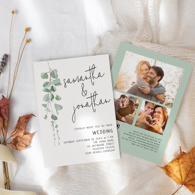 Invitation Mariage Moderne Eucalyptus 3 Photos QR code (front and back view)