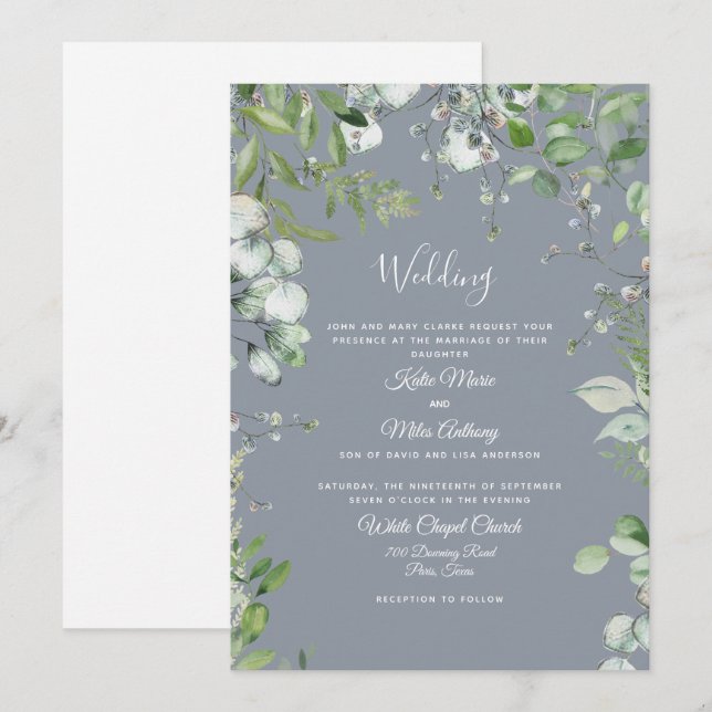 Invitation Mariage Moderne Eucalyptus Deux Parents Bleu Pouss (Devant / Derrière)