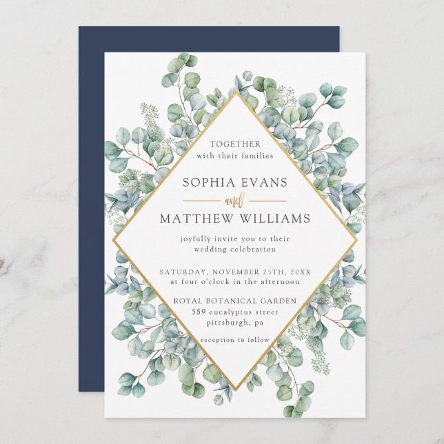 Invitation Mariage moderne Eucalyptus Verdure Gold Frame (Devant / Derrière)