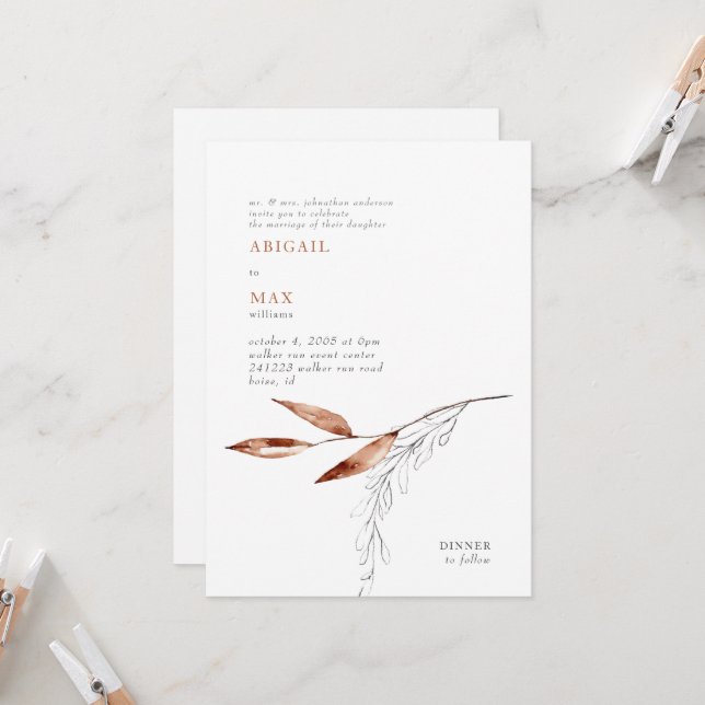 Invitation Mariage Moderne Feuillage Blanc & Terracotta  (Devant/Arrière en situation)