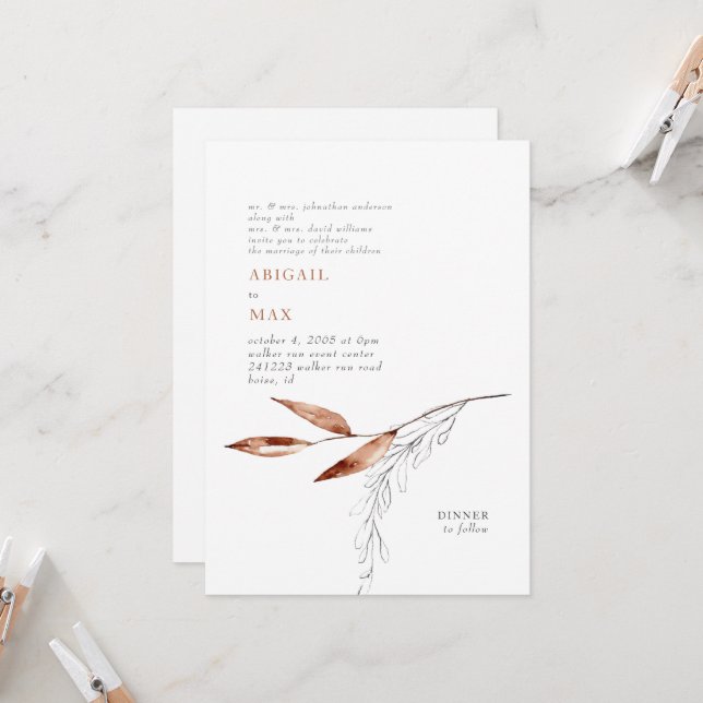 Invitation Mariage Moderne Feuillage Parents Blanc/Terre Cuit (Devant/Arrière en situation)