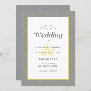 Invitation Mariage moderne Feuilles Abstraits Motif gris jaun