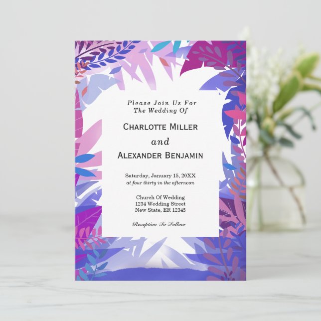 Invitation Mariage moderne Feuilles d'aquarelle tropicale (Debout devant)