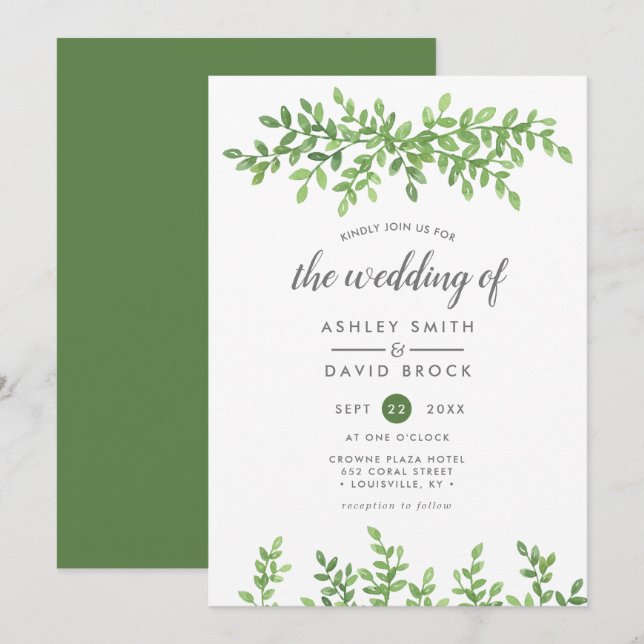 Invitation Mariage Moderne Feuilles Florales de Verdure à l'A (Devant / Derrière)