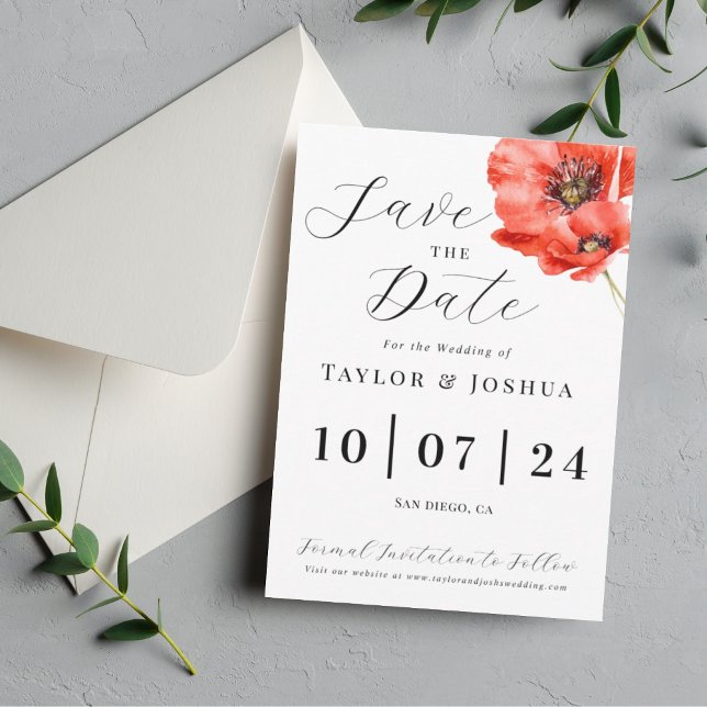 Invitation Mariage Moderne Fleur de Pavot Rouge Save the Date (Créateur téléchargé)