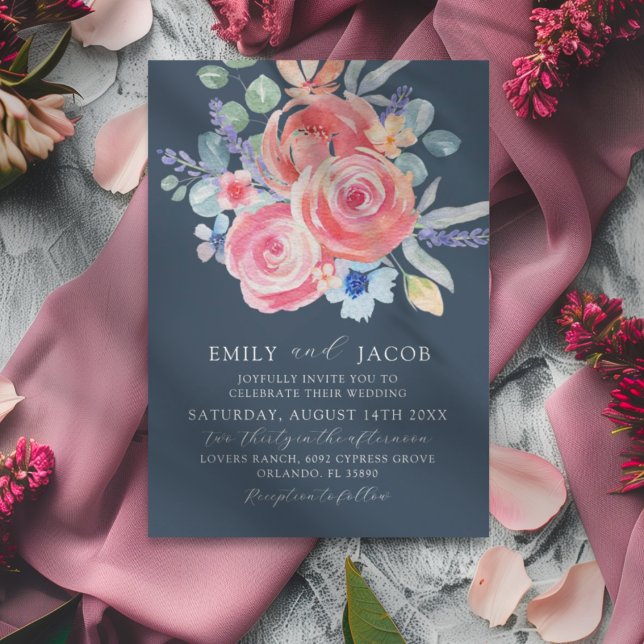 Invitation Mariage Moderne Fleur de Rose Bleu Foncé Aquarelle (Créateur téléchargé)