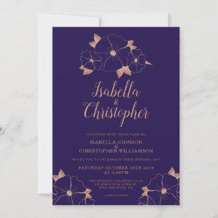Invitation Mariage moderne fleurie en cuivre et bleu minuit