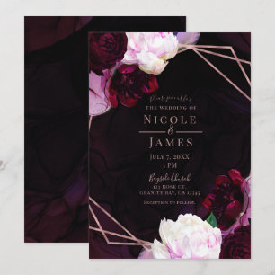 Invitation Mariage Moderne Fleurie Humeur Vin Sombre Rose Dor