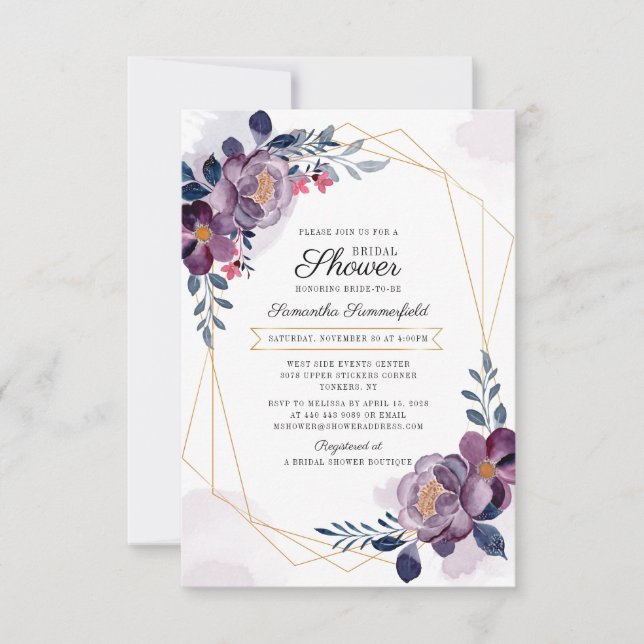 Invitation Mariage Moderne Fleuris Violet Géométrique Or Fête (Devant)