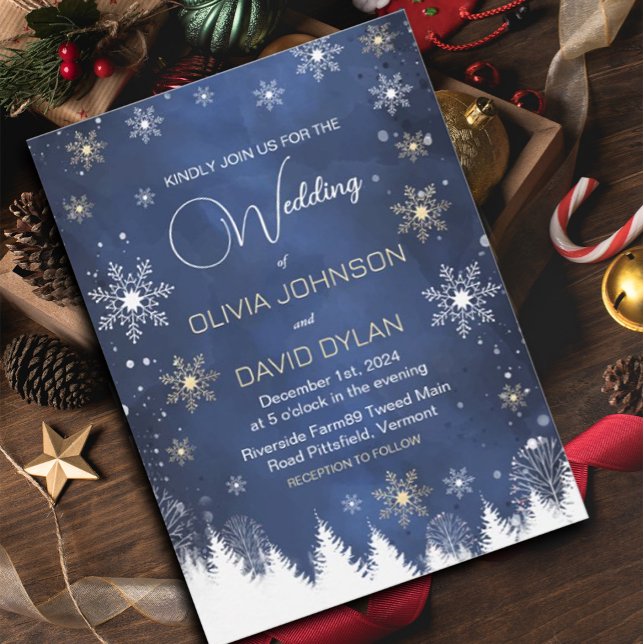 Invitation Mariage Moderne Flocon de Neige Hiver Nuit et Or (#zazzlemade #Modernsnowflake #snowflakesnavyblue #ChristmasInvitation #snowflake #snowholiday )