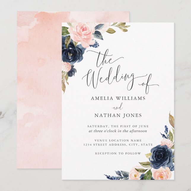 Invitation Mariage Moderne Floral Aquarelle Bleu Marine (Devant / Derrière)