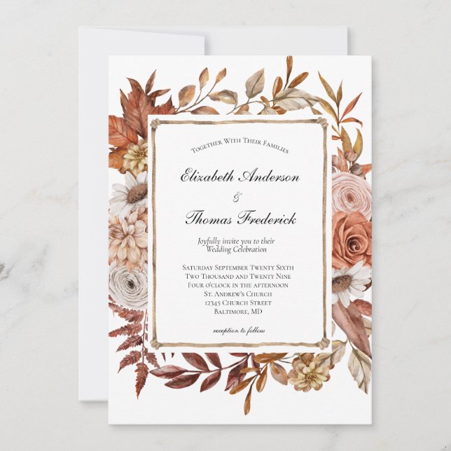 Invitation Mariage Moderne Floral Boho Terracotta Automne (Devant)
