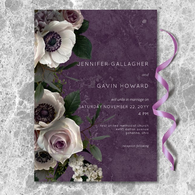 Invitation Mariage Moderne Floral Élégant Violet Prune (Plum Purple Elegant Floral Modern Wedding Invitation)