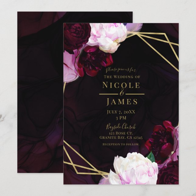 Invitation Mariage Moderne Floral Foncé Vin Glam Or (Devant / Derrière)