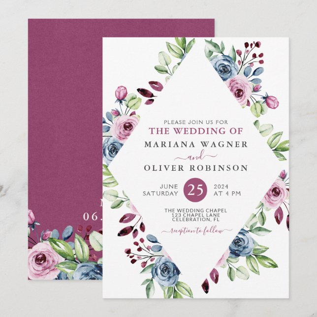 Invitation Mariage Moderne Floral Marine Bordeaux (Devant / Derrière)