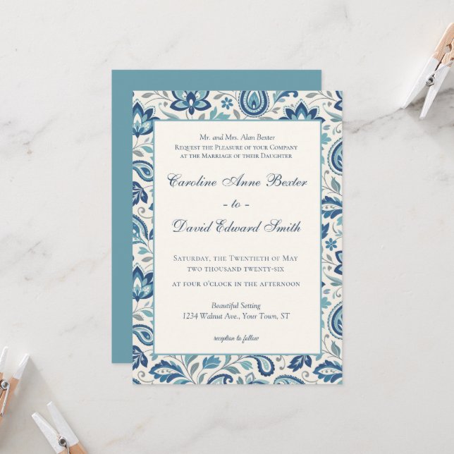 Invitation Mariage Moderne Floral Paisley Bleu et Vert (Devant/Arrière en situation)