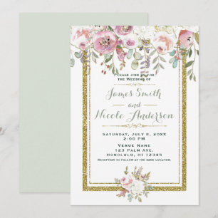 Invitation Mariage Moderne Floral Pastel Rose Vert Et Or