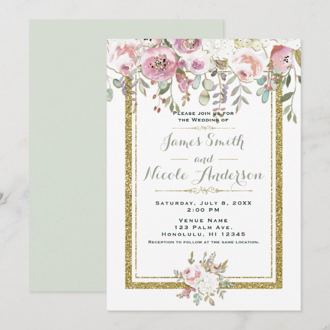 Invitation Mariage Moderne Floral Pastel Rose Vert Et Or (Devant / Derrière)
