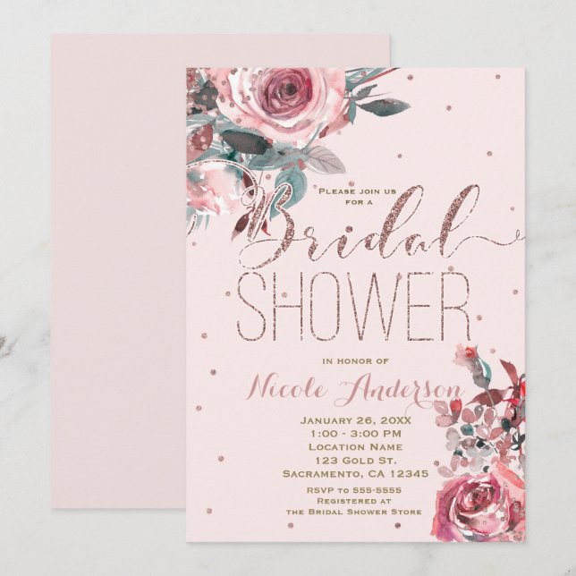 Invitation Mariage Moderne Floral Rose Gold Rose Clair (Devant / Derrière)