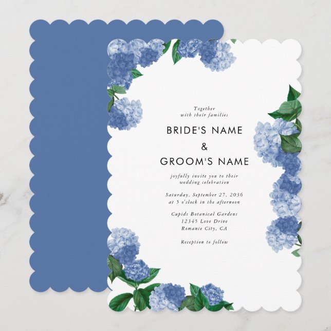 Invitation Mariage Moderne Floral Végétal Hydrangea Bleue (Devant / Derrière)
