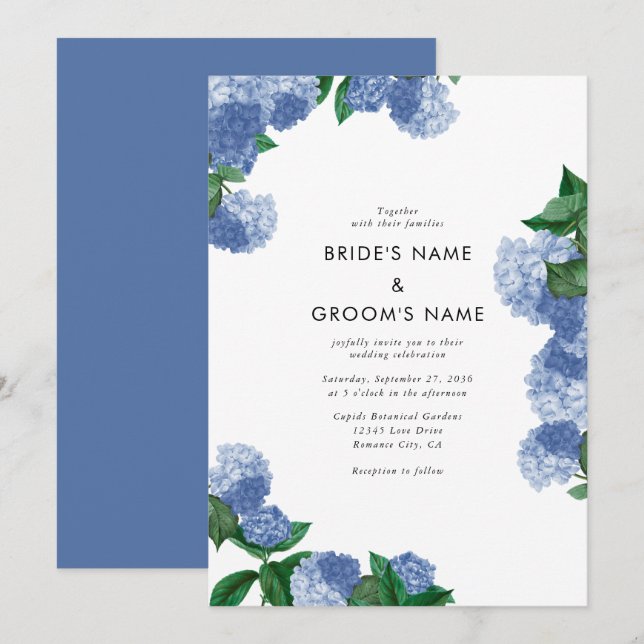 Invitation Mariage Moderne Floral Végétal Hydrangea Bleue (Devant / Derrière)