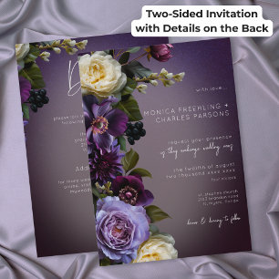 Invitation Mariage Moderne Floral Violet Sombre Recto-Verso