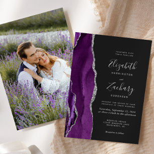 Invitation Mariage Moderne Foncé Photo Agate Argent Violet