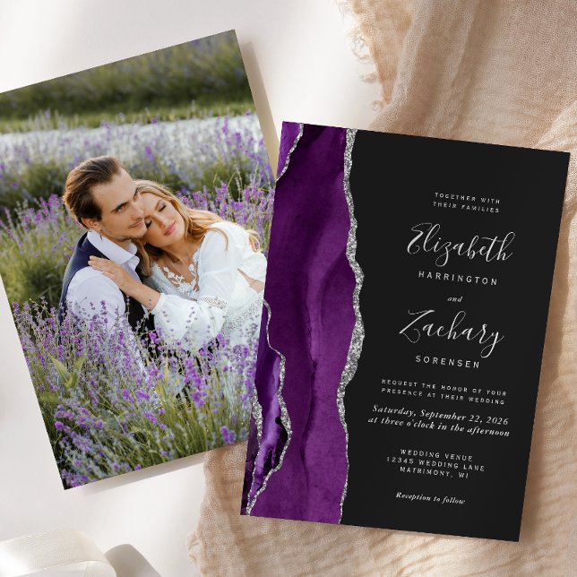 Invitation Mariage Moderne Foncé Photo Agate Argent Violet (Créateur téléchargé)