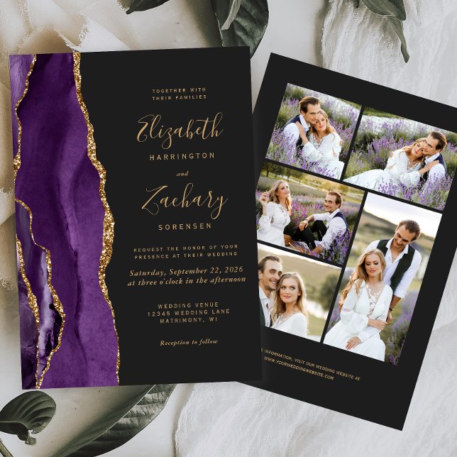 Invitation Mariage Moderne Foncé Violet Or Agate 5 Photos (Créateur téléchargé)