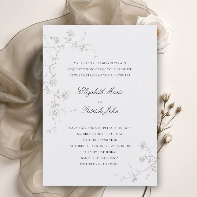 Invitation Mariage Moderne Formel Classique Roses Sauvages Ar (formal wedding invitation modern classic wild roses art sketch floral calligraphy parents host pearl)