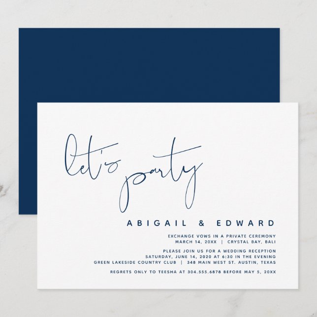 Invitation Mariage Moderne Fugace, Faisons la Fête, Bleu Nuit (Devant / Derrière)