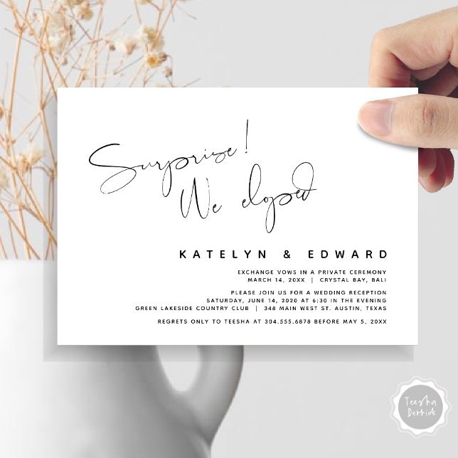 Invitation Mariage Moderne : Fugue, Surprise, nous nous somme (Modern Wedding Elopement, Surprise, we eloped, dinner Invitation Card, PDF, in Black and White)