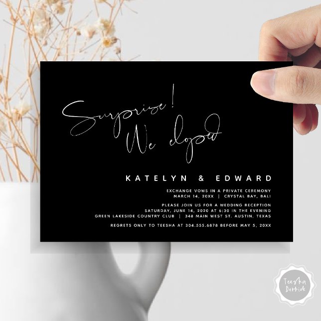 Invitation Mariage moderne, Fugue, Surprise, nous nous sommes (Modern Wedding Elopement, Surprise, we eloped, dinner Invitation Card, PDF, in Black and White)