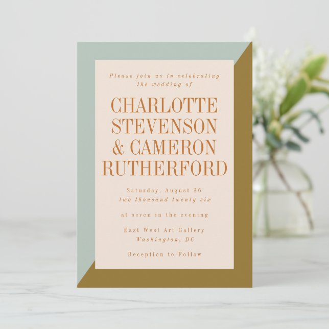 Invitation Mariage Moderne Géométrique Bleu Clair et Olive (Debout devant)