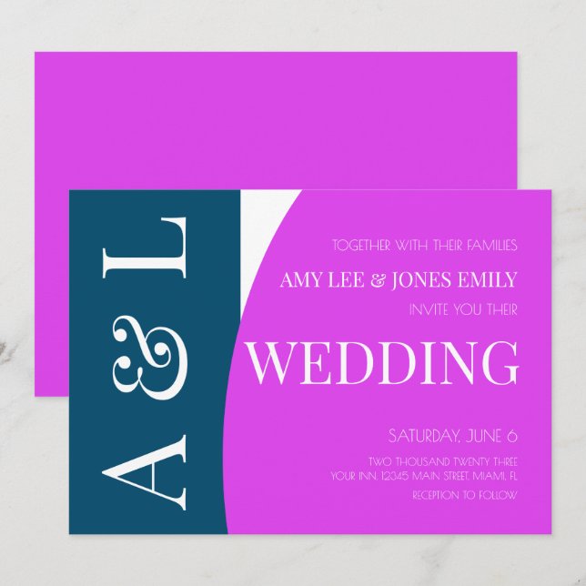 Invitation Mariage Moderne Géométrique Bleu Magenta Clair (Devant / Derrière)