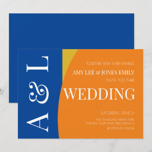 Invitation Mariage Moderne Géométrique Bleu Moutarde Lumineux