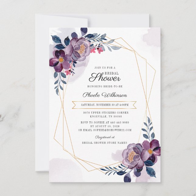 Invitation Mariage Moderne Géométrique Floral Violet (Devant)