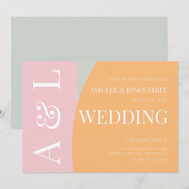 Invitation Mariage Moderne Géométrique Rose Menthe Clair  (Devant / Derrière)