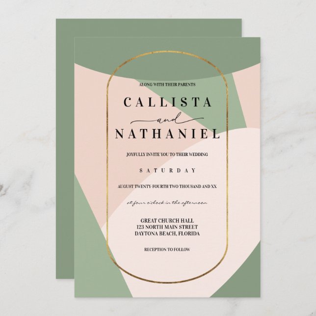 Invitation Mariage moderne géométrique Vert rose-duché (Devant / Derrière)