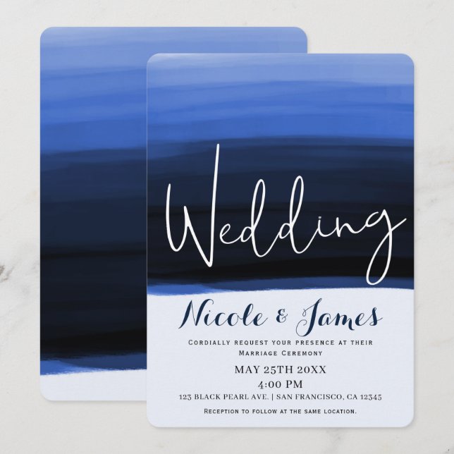 Invitation Mariage Moderne Glamour Aquarelle Bleu Océan (Devant / Derrière)