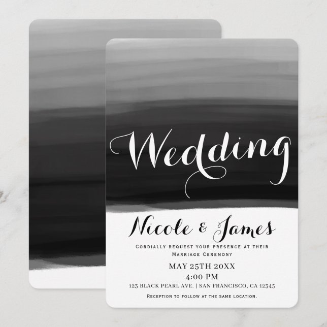 Invitation Mariage Moderne Glamour Aquarelle Noir Gris Blanc (Devant / Derrière)