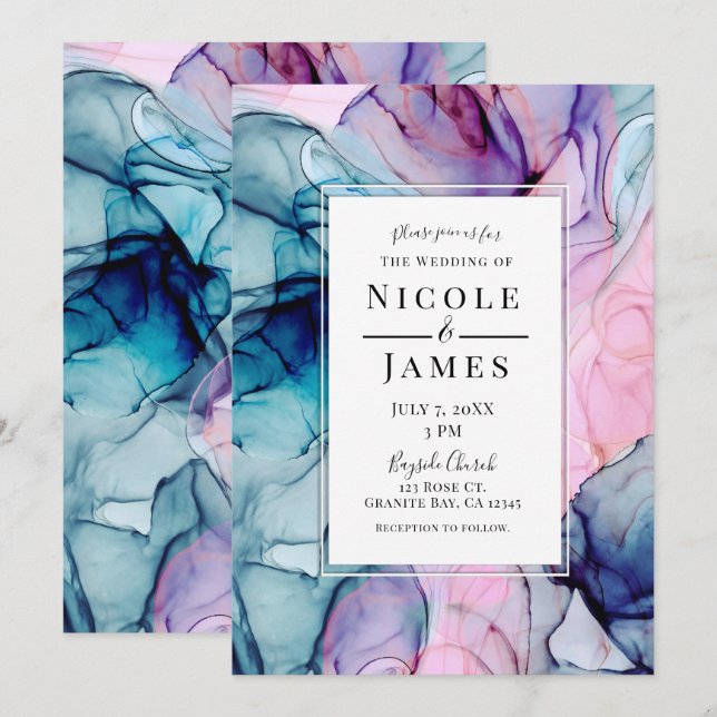 Invitation Mariage Moderne Glamour aux Teintes Éthérées de Bl (Devant / Derrière)