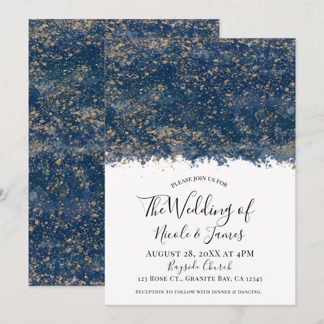Invitation Mariage Moderne Glamour Éclaboussures d'Or Bleu (Devant / Derrière)