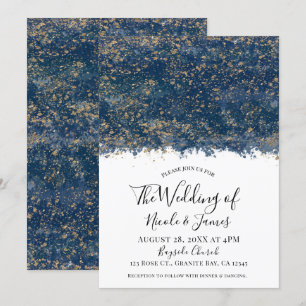 Invitation Mariage Moderne Glamour Éclaboussures d'Or Bleu