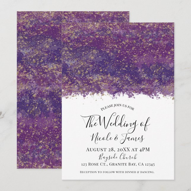 Invitation Mariage Moderne Glamour Éclaboussures d'Or Violet (Devant / Derrière)