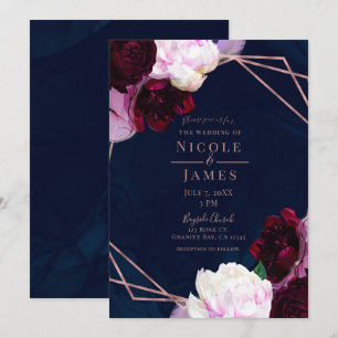 Invitation Mariage Moderne Glamour Fleur Bleu Nuit Or Rose