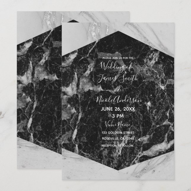 Invitation Mariage Moderne Glamour Noir Blanc & Marbre Argent (Devant / Derrière)