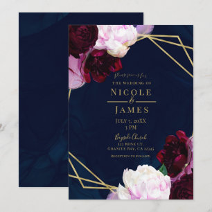 Invitation Mariage Moderne Glamour Or Floral Bleu Marine Maus