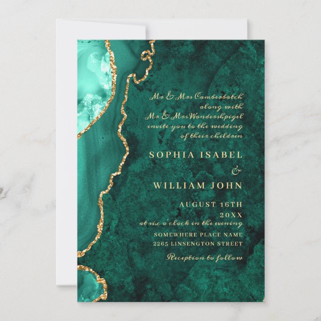 Invitation Mariage moderne Golden Green Marble Agate (Devant)